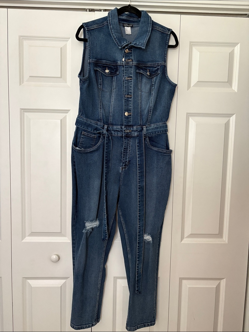 VENUS Sleeveless Denim Belted Jumpsuit in Medium Blue